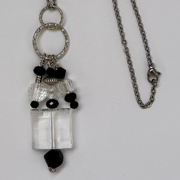 Necklace handmade 3 tier dangle silvertone clear crystal glass metal beads OOAK - Picture 4 of 7